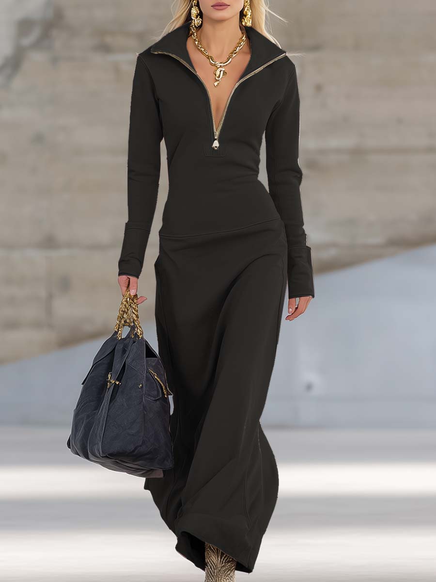 Valeria – Rochie maxi sport retro elegantă cu decolteu adânc în V