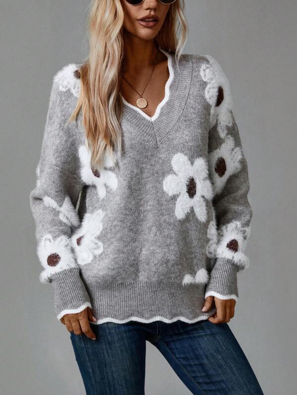 Thea | Pulover floral elegant cu un decolteu in V