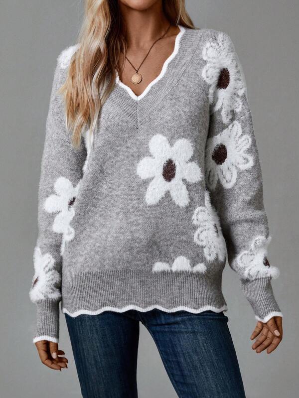 Thea | Pulover floral elegant cu un decolteu in V