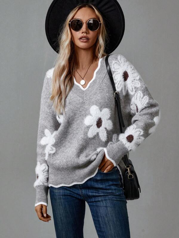 Thea | Pulover floral elegant cu un decolteu in V