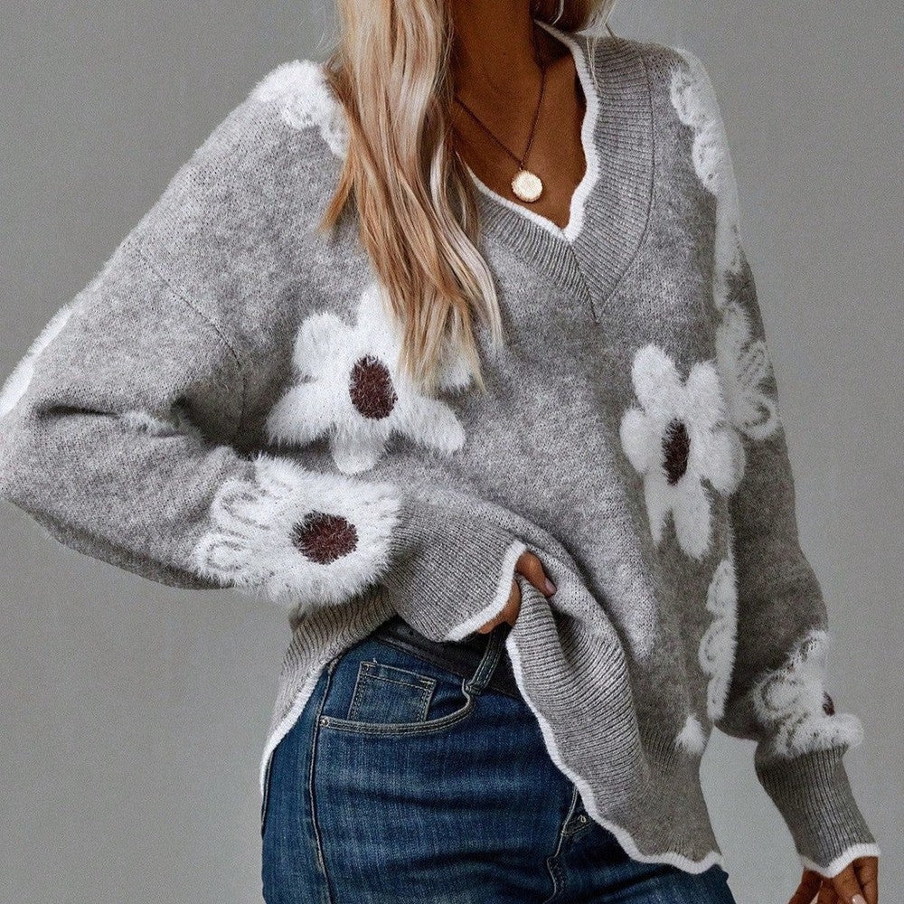 Thea | Pulover floral elegant cu un decolteu in V
