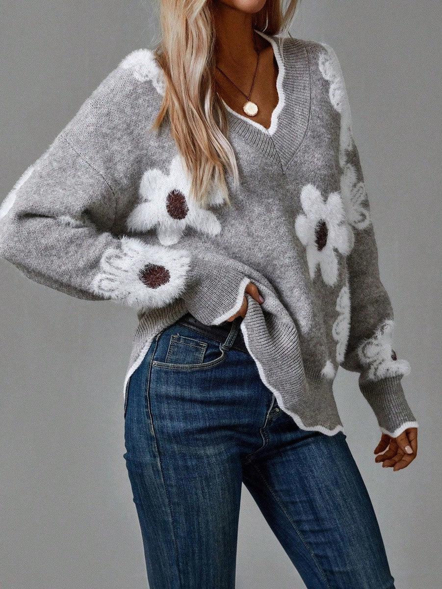Thea | Pulover floral elegant cu un decolteu in V