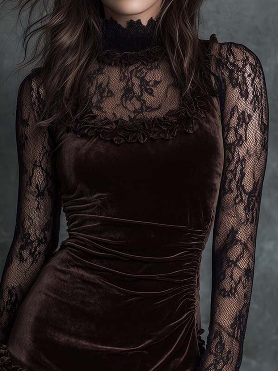 Rochie mini plisată din dantelă de catifea chocolate gothic