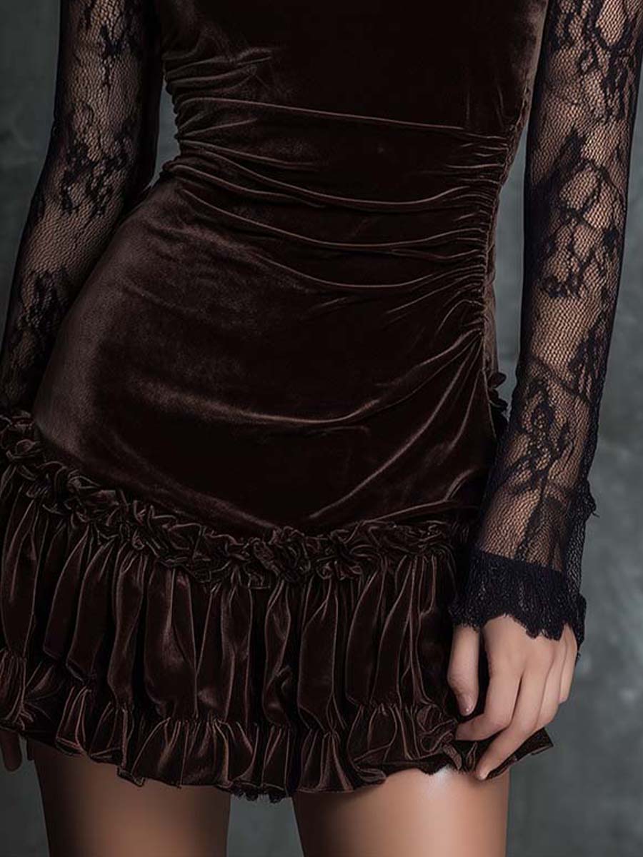 Rochie mini plisată din dantelă de catifea chocolate gothic