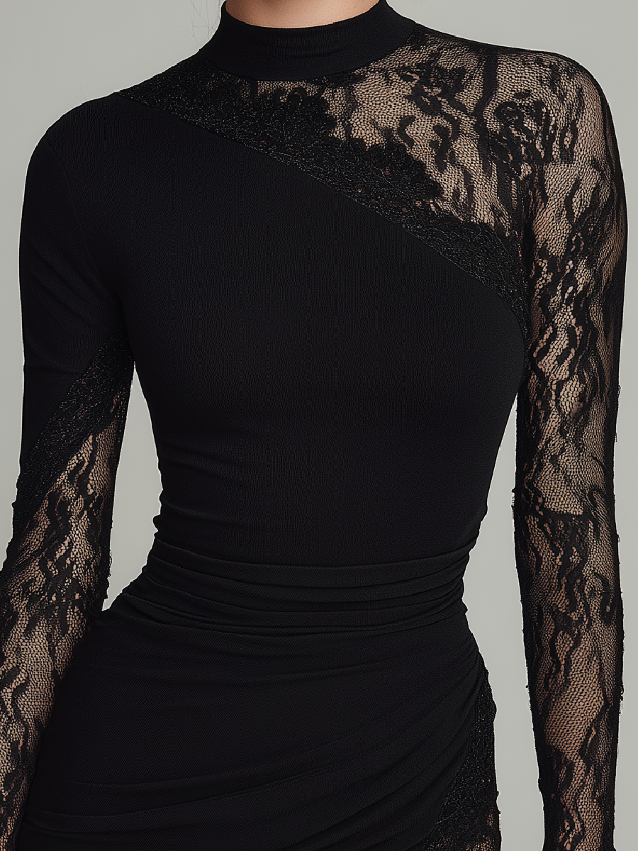 Rochie mini asimetrică din tul cu dantelă neagră și guler înalt
