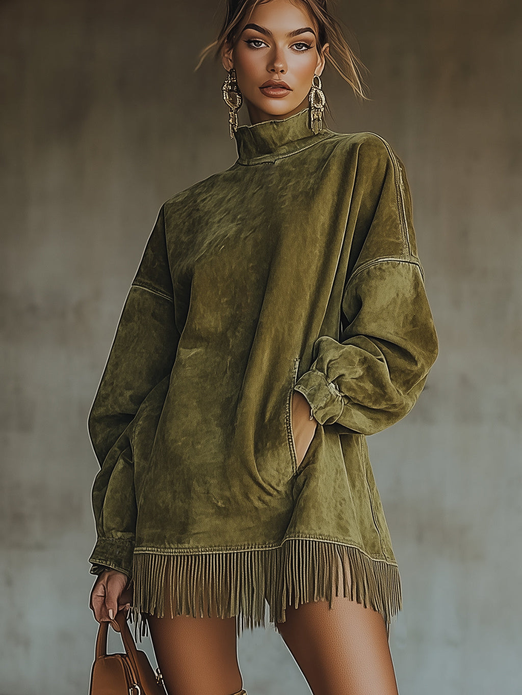Patricia – rochie elegantă în velur cu guler înalt și franjuri