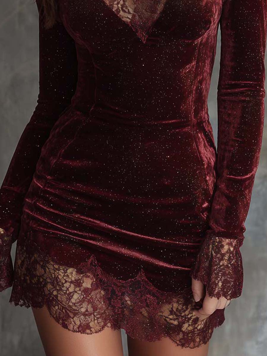 Rochie mini din catifea roșie strălucitoare cu dantelă