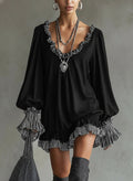 Rochie Mini Loose din Suede Sintetic Negru cu Volane și Dungi