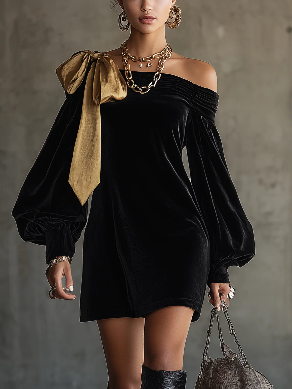 Rochie Mini Din Catifea Neagră și Satin Auriu, Cu Patchwork, Cu Umerii Decupați
