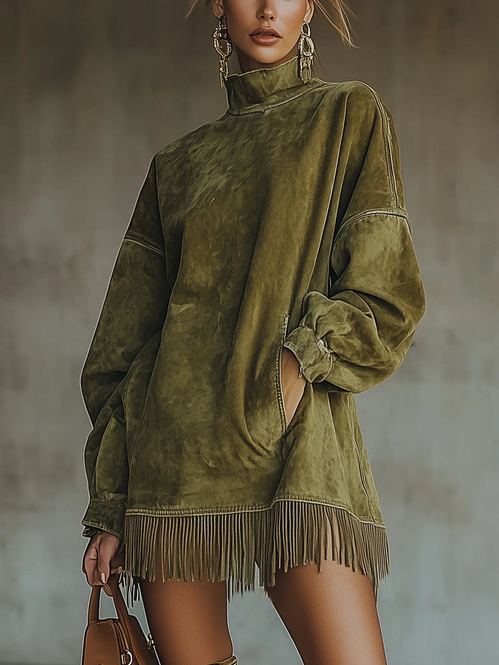 Rochie din Suede Sintetic cu Guler înalt și Dantelă