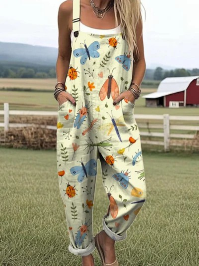 Lara | Salopetă cu Pantaloni Largi și Model Artistic cu Insecte Fanteziste