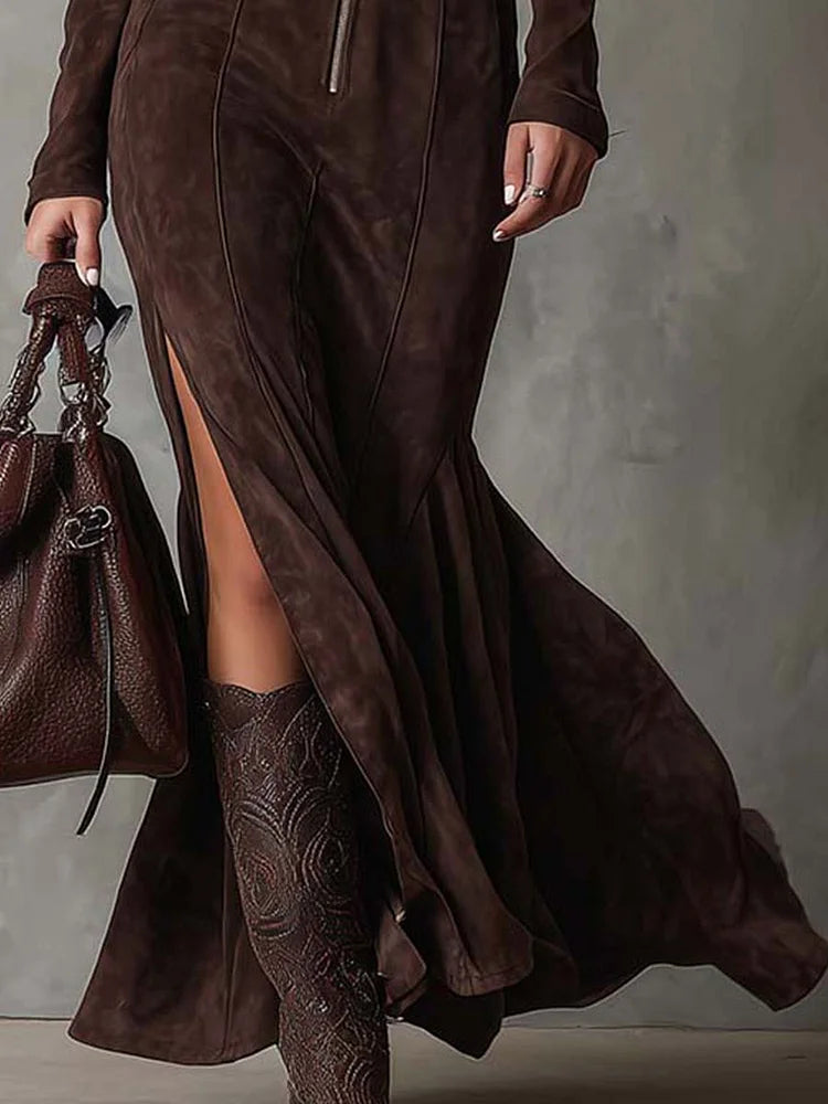 Marika – Rochie maxi vintage maro cu fermoar și curea