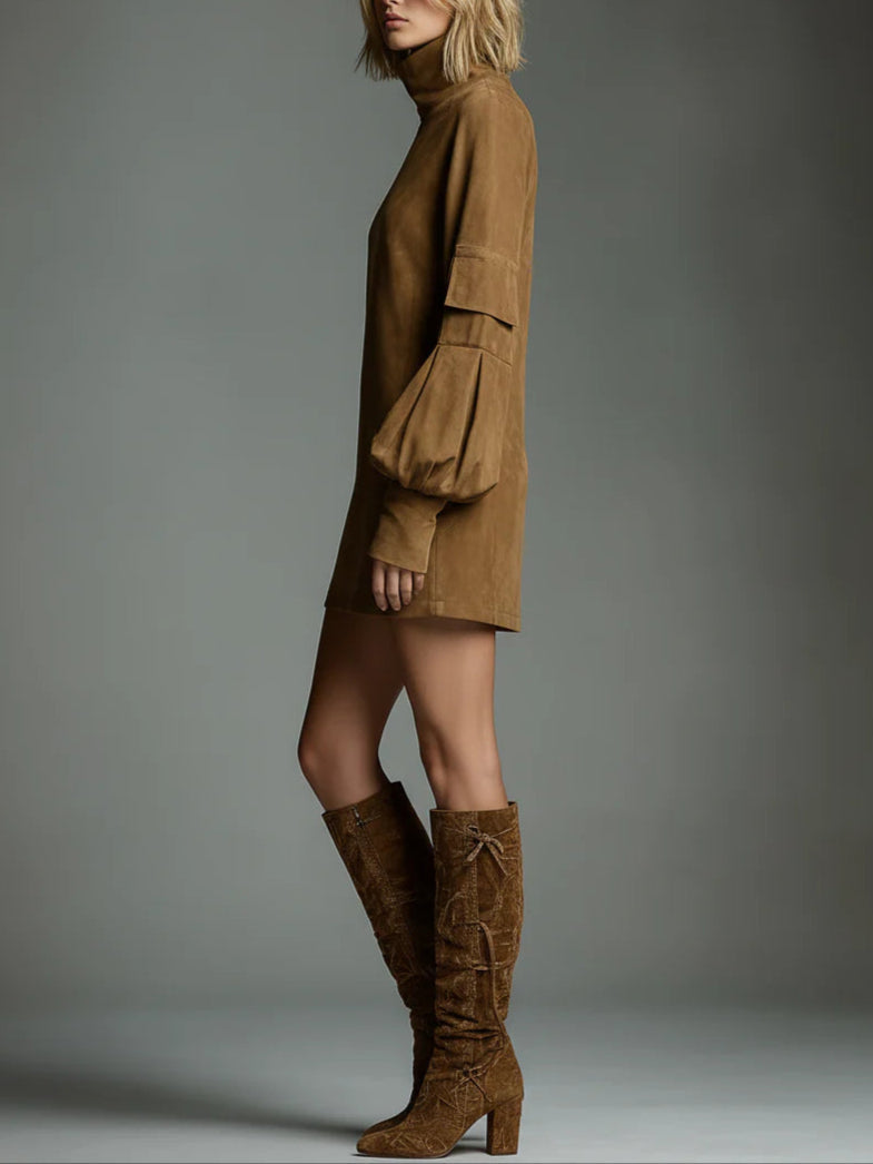 Sara | Rochie mini lejeră din suede cu guler înalt