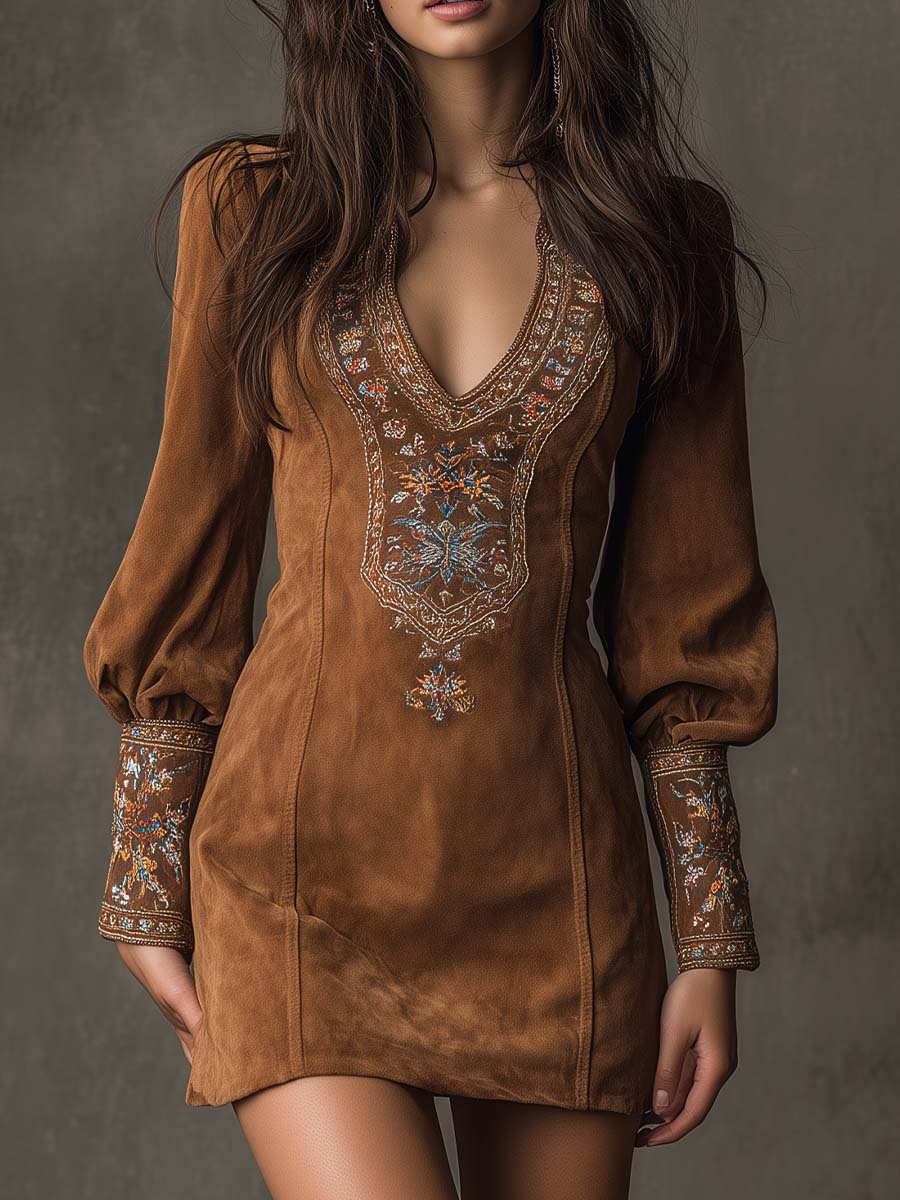 Amalia | Rochie mini vintage maro din piele intoarsa cu decolteu in V si broderie