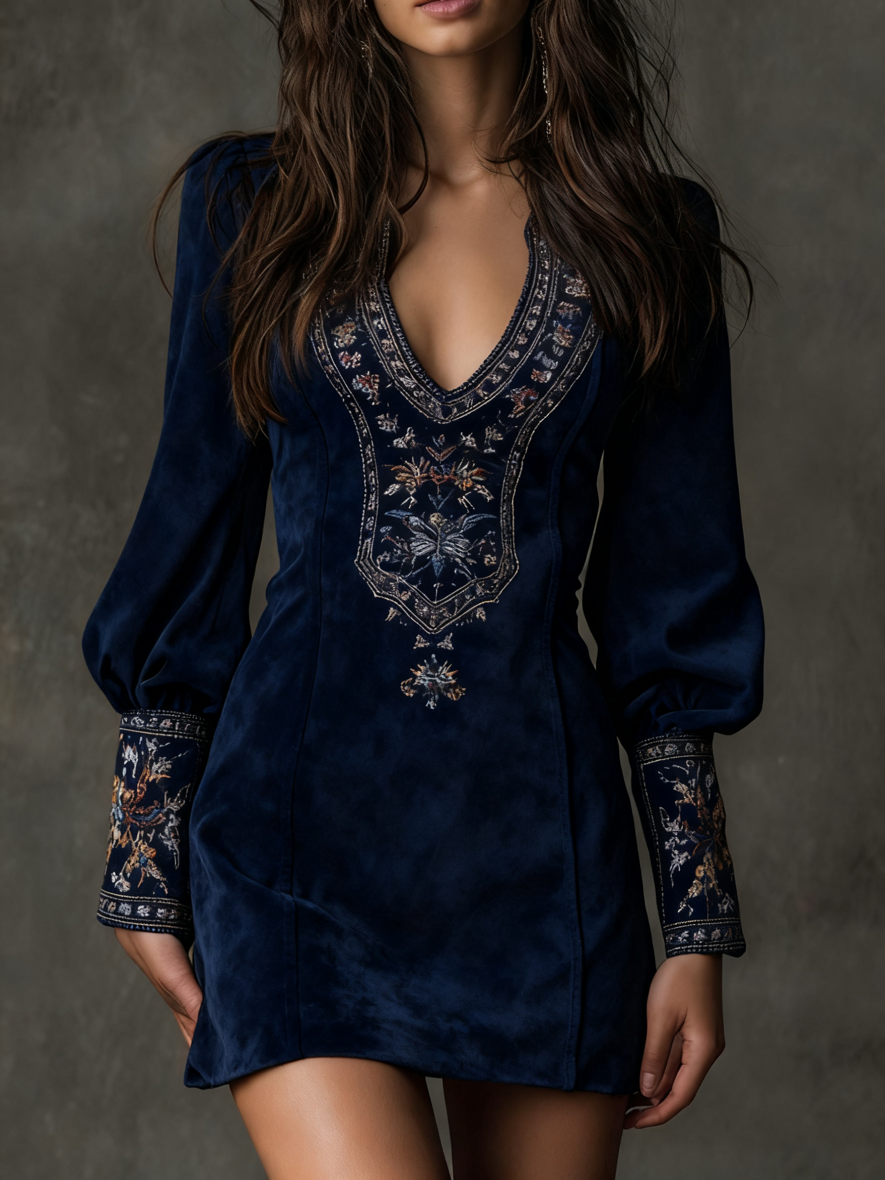 Amalia | Rochie mini vintage maro din piele intoarsa cu decolteu in V si broderie