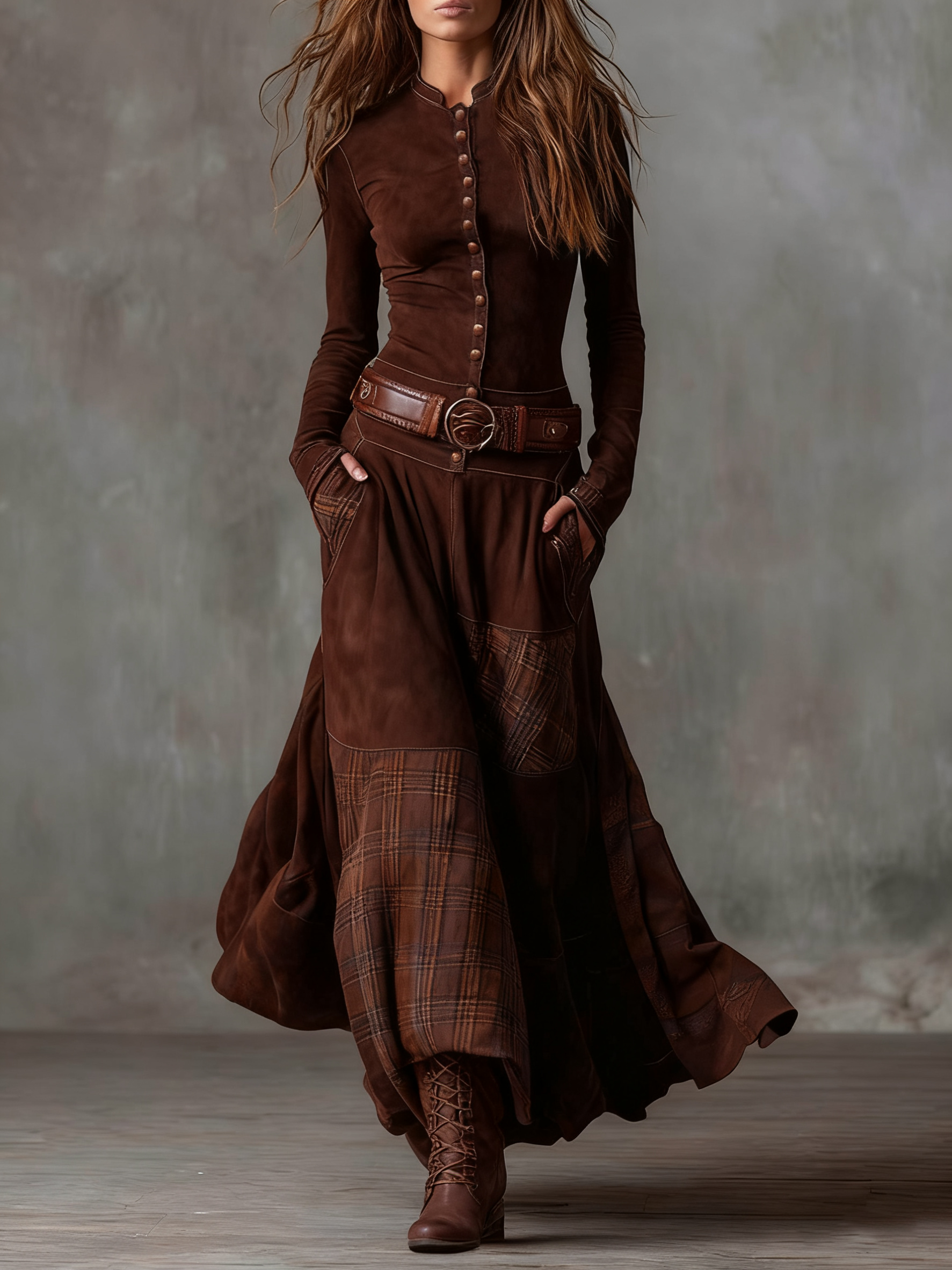 Lorena | Rochie lungă vintage din ante cu carouri bleumarin (include curea)