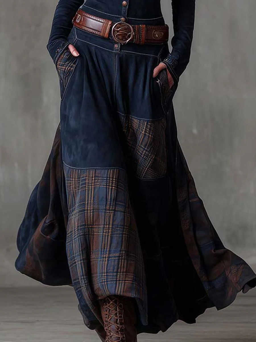 Lorena | Rochie lungă vintage din ante cu carouri bleumarin (include curea)