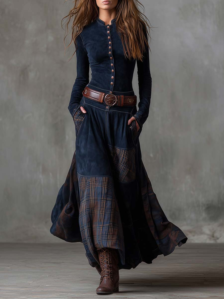 Lorena | Rochie lungă vintage din ante cu carouri bleumarin (include curea)