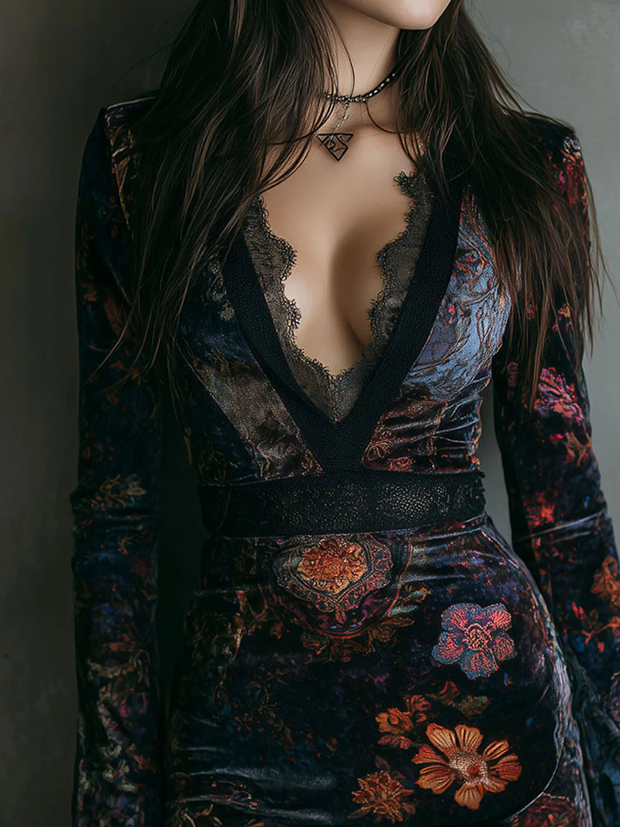 Rochie Mini Slim-fit din Catifea cu Imprimeu Floral și Dantelă la Gât