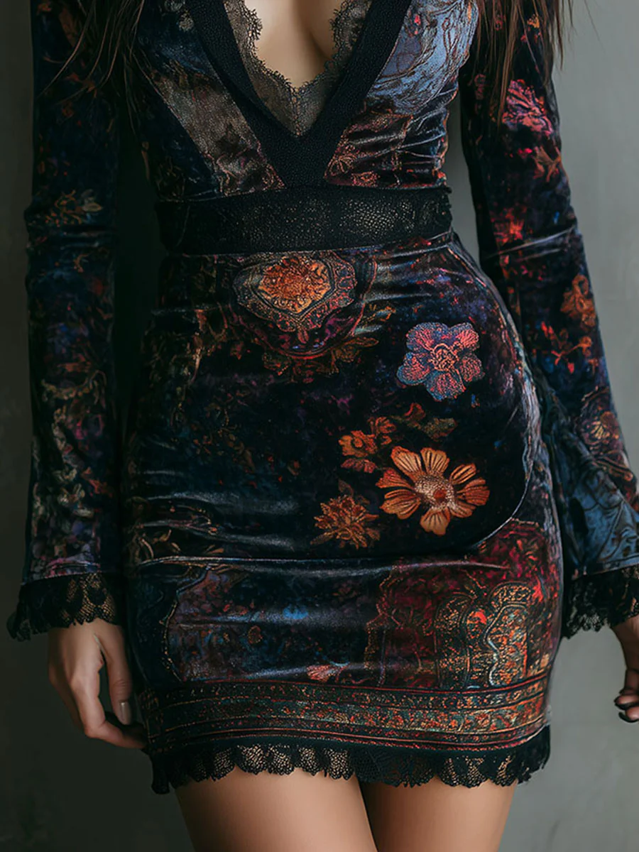 Rochie Mini Slim-fit din Catifea cu Imprimeu Floral și Dantelă la Gât