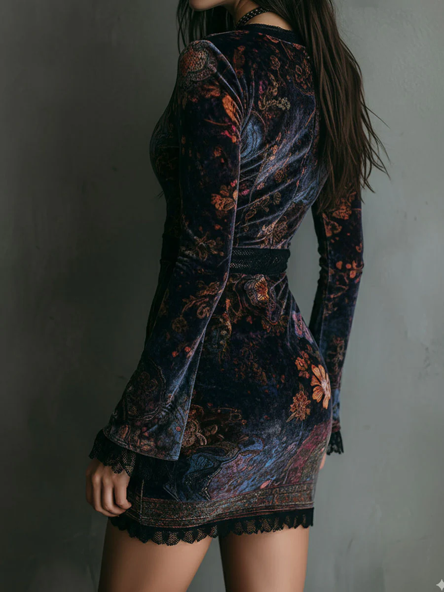 Rochie Mini Slim-fit din Catifea cu Imprimeu Floral și Dantelă la Gât