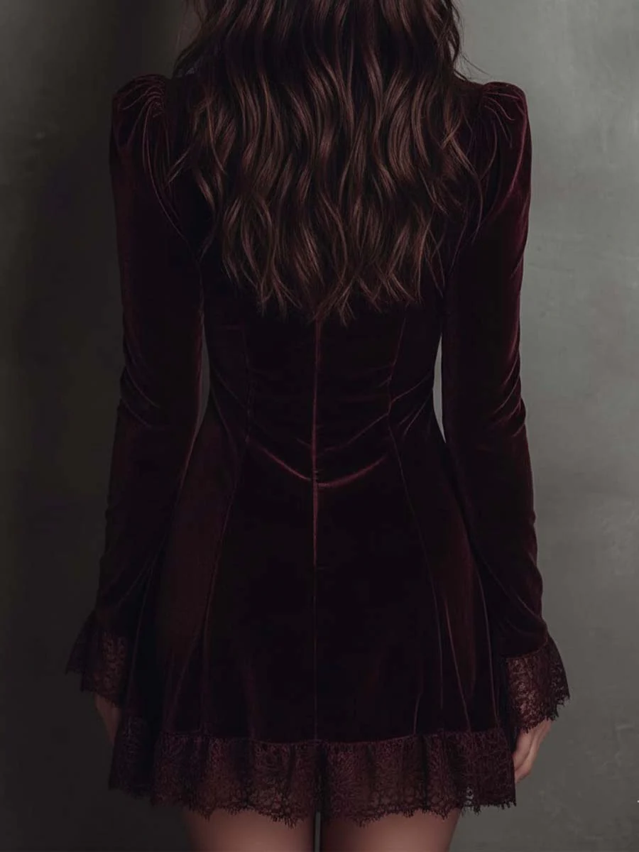 Rochie Mini din Catifea Burgundy cu Dantelă