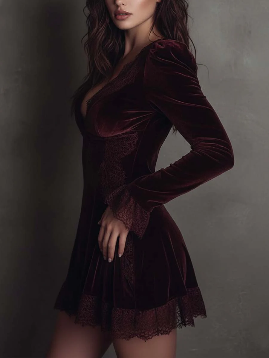 Rochie Mini din Catifea Burgundy cu Dantelă