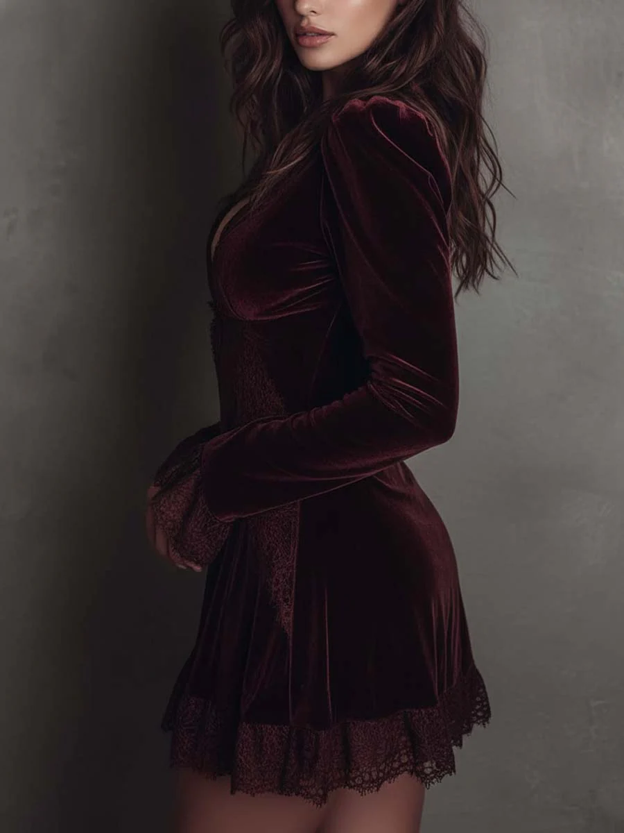 Rochie Mini din Catifea Burgundy cu Dantelă