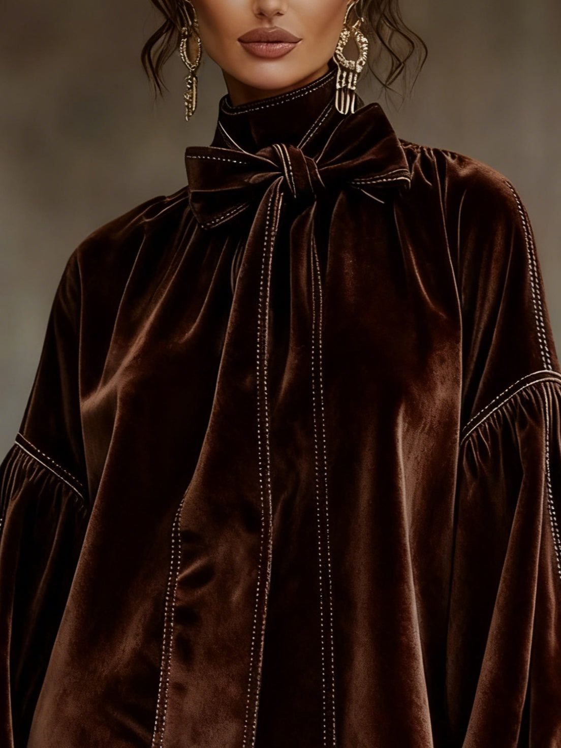 Rochie Mini cu Mâneci Lantern din Catifea Maro Închis