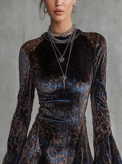Rochie Mini din Catifea cu Print Leopard Albastru