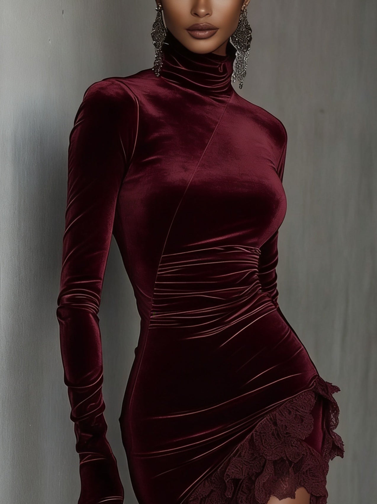 Rochie Mini Fitted cu Guler Înalt din Catifea Burgundy și Dantelă