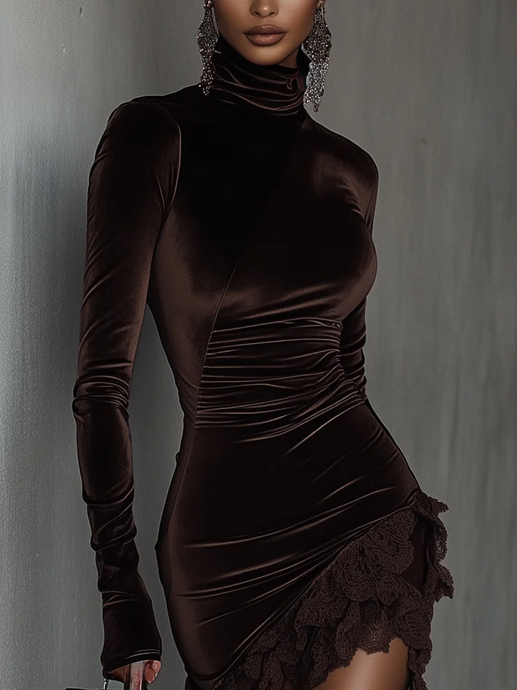 Rochie Mini Fitted cu Guler Înalt din Catifea Chocolate și Dantelă