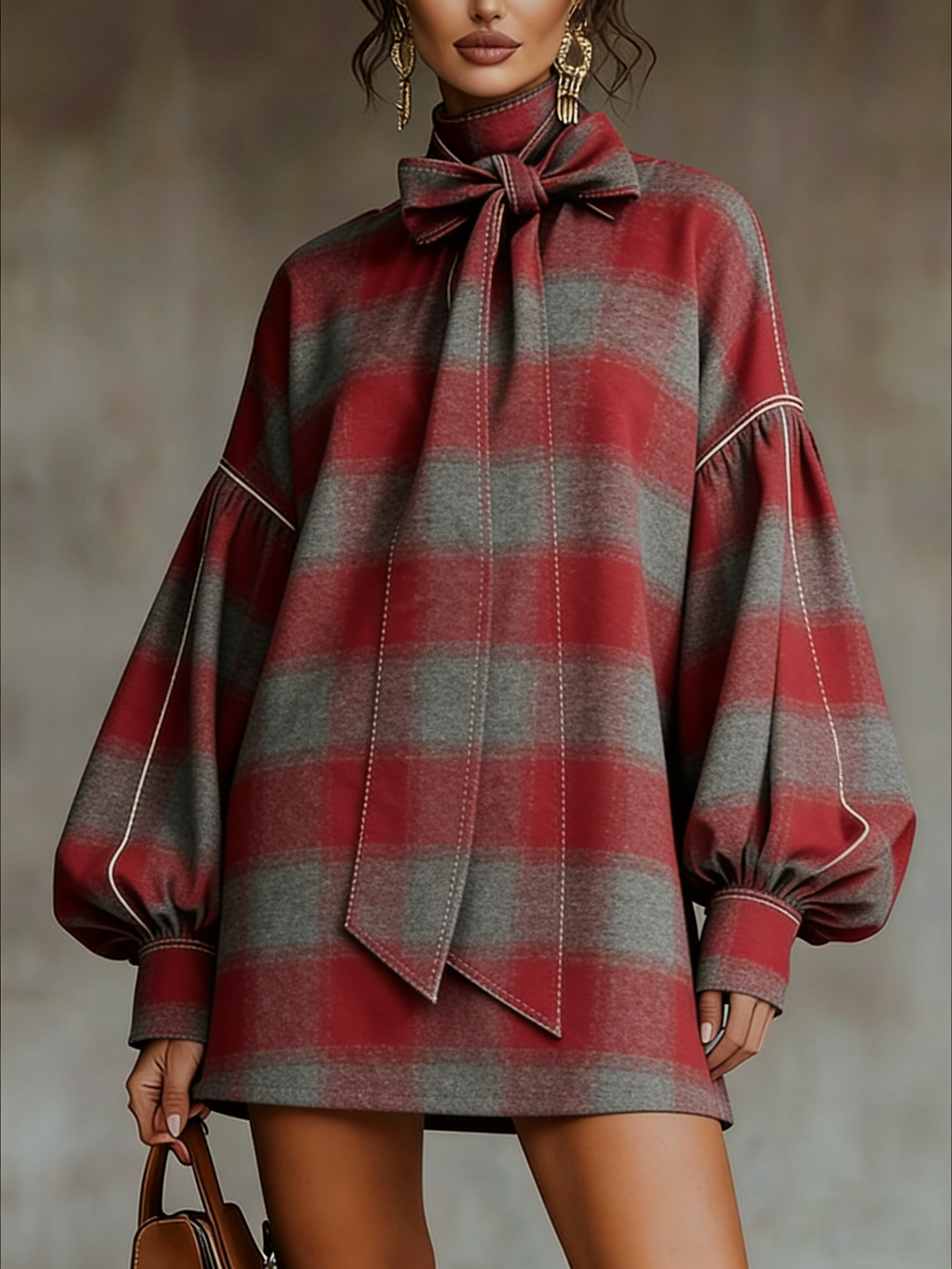 Rochie Mini cu Mâneci Lantern in Carouri Roșii și Gri