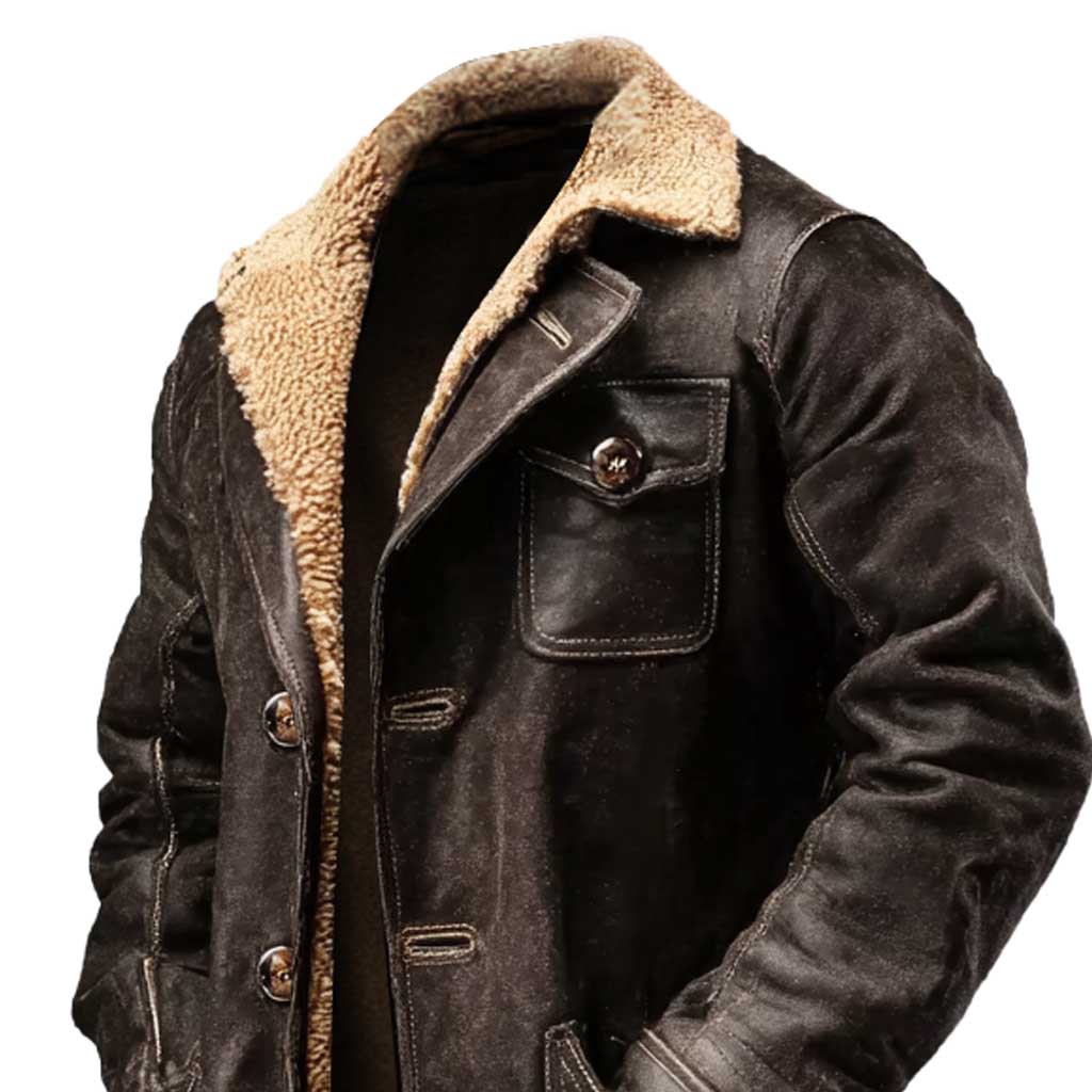 Simon - Jachetă din piele de suede vintage pentru bărbați, maro închis, cu blană artificială