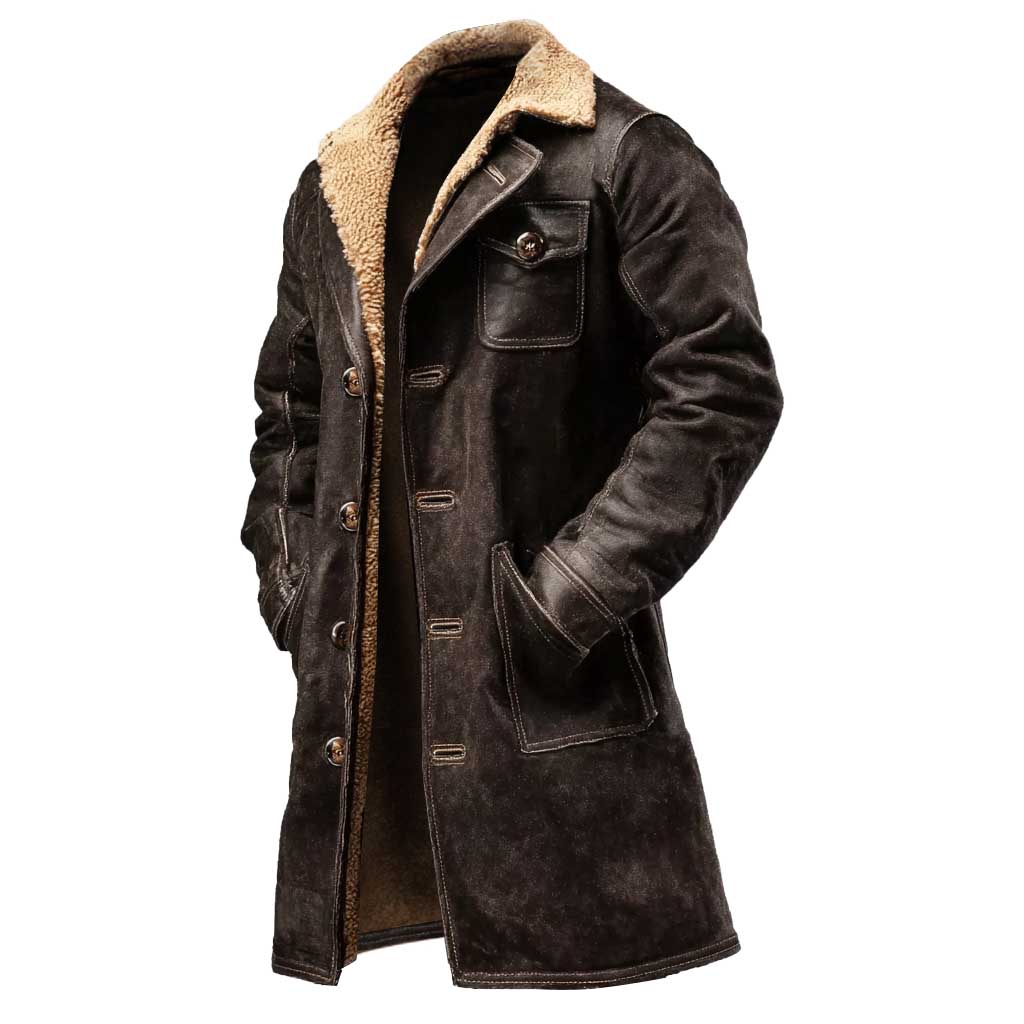 Simon - Jachetă din piele de suede vintage pentru bărbați, maro închis, cu blană artificială