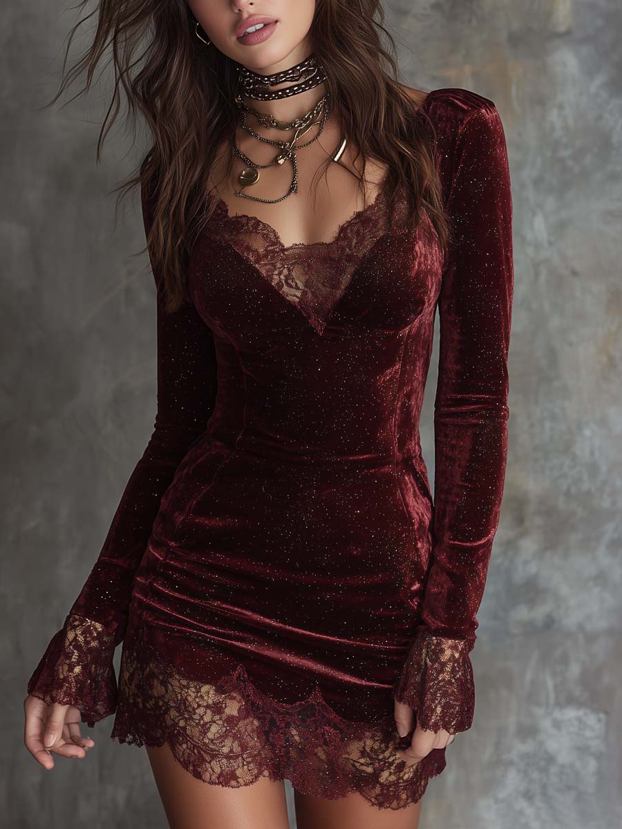 Rochie mini din catifea roșie strălucitoare cu dantelă