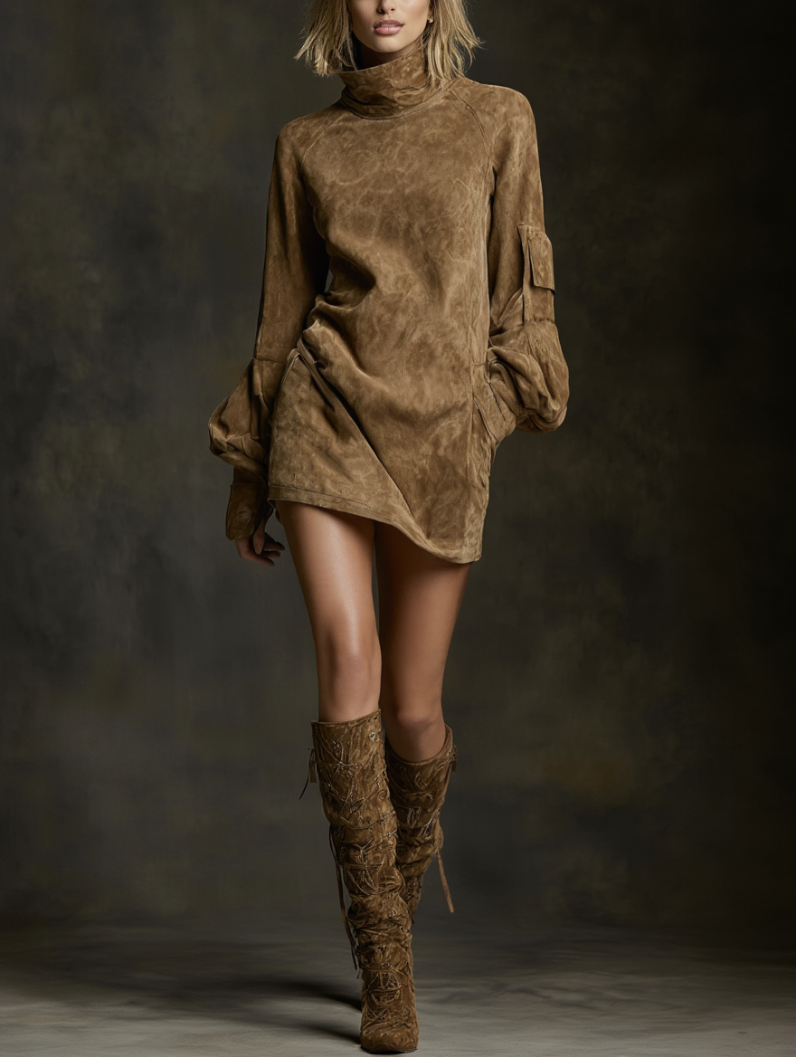 Sara | Rochie mini lejeră din suede cu guler înalt